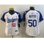 Women's Los Angeles Dodgers #50 Mookie Betts White Royal 2025 Tokyo Series Limited Stitched Baseball Jersey