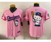 Women's Los Angeles Dodgers Team Big Logo Pink Hello Kitty Night 2025 World Series Champions Patch Stitched Baseball Jersey