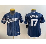 Youth Los Angeles Dodgers #17 Shohei Ohtani Navy Pinstripe 2025 World Series Champions Patch Cool Base Stitched Baseball Jersey
