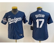 Youth Los Angeles Dodgers #17 Shohei Ohtani Navy Pinstripe 2025 World Series Champions Patch Cool Base Stitched Baseball Jersey