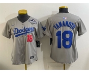 Youth Los Angeles Dodgers #18 Yoshinobu Yamamoto Grey 2025 World Series Patch Limited Stitched Baseball Jersey