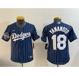 Youth Los Angeles Dodgers #18 Yoshinobu Yamamoto Navy Pinstripe 2025 World Series Champions Patch Cool Base Stitched Baseball Jersey