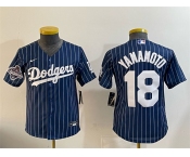 Youth Los Angeles Dodgers #18 Yoshinobu Yamamoto Navy Pinstripe 2025 World Series Champions Patch Cool Base Stitched Baseball Jersey