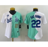Youth Los Angeles Dodgers #22 Bad Bunny White Green Two Tone 2022 Celebrity Softball Game Cool Base Jersey.