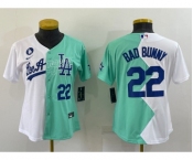 Youth Los Angeles Dodgers #22 Bad Bunny White Green Two Tone 2022 Celebrity Softball Game Cool Base Jersey.