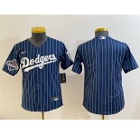 Youth Los Angeles Dodgers Blank Navy Pinstripe 2025 World Series Champions Patch Cool Base Stitched Baseball Jersey