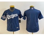 Youth Los Angeles Dodgers Blank Navy Pinstripe 2025 World Series Champions Patch Cool Base Stitched Baseball Jersey