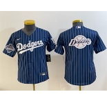 Youth Los Angeles Dodgers Team Big Logo Navy Pinstripe 2025 World Series Champions Patch Cool Base Stitched Baseball Jersey