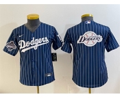 Youth Los Angeles Dodgers Team Big Logo Navy Pinstripe 2025 World Series Champions Patch Cool Base Stitched Baseball Jersey