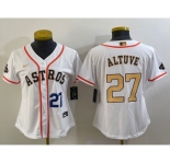 Women's Houston Astros #27 Jose Altuve Number 2023 White Gold World Serise Champions Patch Cool Base Stitched Jersey1