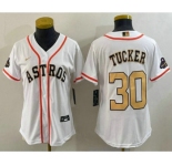 Women's Houston Astros #30 Kyle Tucker 2023 White Gold World Serise Champions Patch Cool Base Stitched Jersey