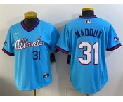 Women's Atlanta Braves #31 Greg Maddux Powder Blue 2026 City Connect Stadium Stitched Baseball Jersey