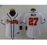 Youth Atlanta Braves #27 Austin Riley 2022 White Gold World Series Champions Program Cool Base Stitched Jersey