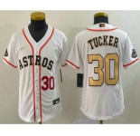 Youth Houston Astros #30 Kyle Tucker Number 2023 White Gold World Serise Champions Patch Cool Base Stitched Jersey