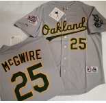 Men's Oakland Athletics #25 Mark McGwire Grey With Green Elephant & 1989 World Series Patch Battle of the Bay Stitched Baseball Jersey