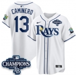 Men's Tampa Bay Rays #13 Junior Caminero White 2026 AL East Champions Patch Limited Stitched Baseball Jersey