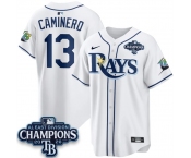 Men's Tampa Bay Rays #13 Junior Caminero White 2026 AL East Champions Patch Limited Stitched Baseball Jersey