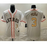 Men's Houston Astros #3 Jeremy Pena 2023 White Gold World Serise Champions Patch Cool Base Stitched Jersey1