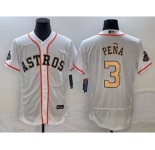 Men's Houston Astros #3 Jeremy Pena 2023 White Gold World Serise Champions Patch Flex Base Stitched Jersey