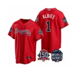 Men's Atlanta Braves #1 Ozzie Albies 2021 Red World Series With 150th Anniversary Patch Cool Base Baseball Jersey