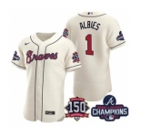 Men's Atlanta Braves #1 Ozzie Albies 2021 Cream World Series Champions With 150th Anniversary Flex Base Stitched Jersey
