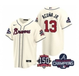 Men's Atlanta Braves #13 Ronald Acuna Jr. 2021 Cream World Series Champions With 150th Anniversary Patch Cool Base Stitched Jersey