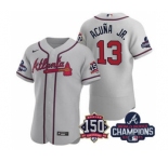 Men's Atlanta Braves #13 Ronald Acuna Jr. 2021 Gray World Series Champions With 150th Anniversary Flex Base Stitched Jersey