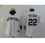 Women's Brewers #22 Christian Yelich White Strip 2020 Stitched Baseball Cool Base Jersey