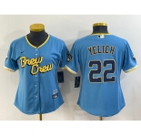 Women's Milwaukee Brewers #22 Christian Yelich Blue 2022 City Connect Cool Base Stitched Jersey