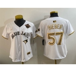 Women's Toronto Blue Jays #57 Shane Bieber White Gold 2025 American League Champions Limited Stitched Baseball Jersey