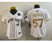 Women's Toronto Blue Jays #57 Shane Bieber White Gold 2025 American League Champions Limited Stitched Baseball Jersey