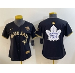 Women's Toronto Blue Jays & Leafs Black Gold 2025 American League Champions With White Leafs Logo Limited Stitched Baseball Jersey