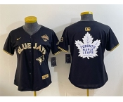 Women's Toronto Blue Jays & Leafs Black Gold 2025 American League Champions With White Leafs Logo Limited Stitched Baseball Jersey
