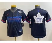 Youth Toronto Blue Jays & Leafs Navy 2025 World Series City Connect With White Leafs Logo Limited Stitched Baseball Jersey
