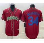 Mens Mexico Baseball #34 Fernando Valenzuela 2023 Red Blue World Baseball Classic Stitched Jersey