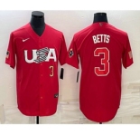 Men's USA Baseball #3 Mookie Betts Number 2023 Red World Classic Stitched Jersey