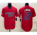 Mens Puerto Rico Baseball #12 Francisco Lindor Number 2023 Red World Baseball Classic Stitched Jersey