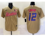 Men's Puerto Rico Baseball #12 Francisco Lindor Tan 2023 World Baseball Classic Stitched Jersey