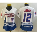 Women's Puerto Rico Baseball #12 Francisco Lindor Number 2023 White World Classic Stitched Jersey