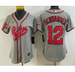 Women's Philadelphia Phillies #12 Kyle Schwarber Name Gray 2026 Field of Dreams Stadium Stitched Jersey