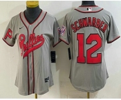 Women's Philadelphia Phillies #12 Kyle Schwarber Name Gray 2026 Field of Dreams Stadium Stitched Jersey