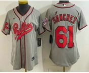 Women's Philadelphia Phillies #61 Cristopher Sanchez Gray 2026 Field of Dreams Stadium Stitched Jersey