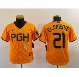 Youth Pittsburgh Pirates #21 Roberto Clemente Yellow 2023 City Connect Stitched Jersey1