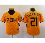 Youth Pittsburgh Pirates #21 Roberto Clemente Yellow 2023 City Connect Stitched Jersey