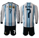 Men's Argentina #7 DE PAUL Long Sleeve National Team FIFA x World Cup 2026 Home White On Field Jersey
