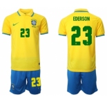 Men's Brazil #23 Ederson Yellow Home Soccer Jersey Suit