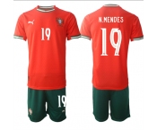 Men's Portugal Team #19 Nuno Mendes 2025 Red Home Soccer Jersey Suit