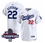 Youth Nike Los Angeles Dodgers Clayton Kershaw #22 White Flex Base 2024 World Series Champions Stitched MLB Jersey