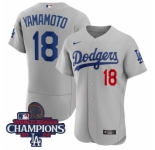Youth Nike Los Angeles Dodgers Yoshinobu Yamamoto #18 Gray Flex Base 2024 World Series Champions Stitched MLB Jersey