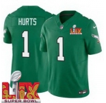 Youth Philadelphia Eagles Jalen Hurts #1 Kelly Green 2024-2025 Super Bowl LIX F U S E Stitched NFL Jersey